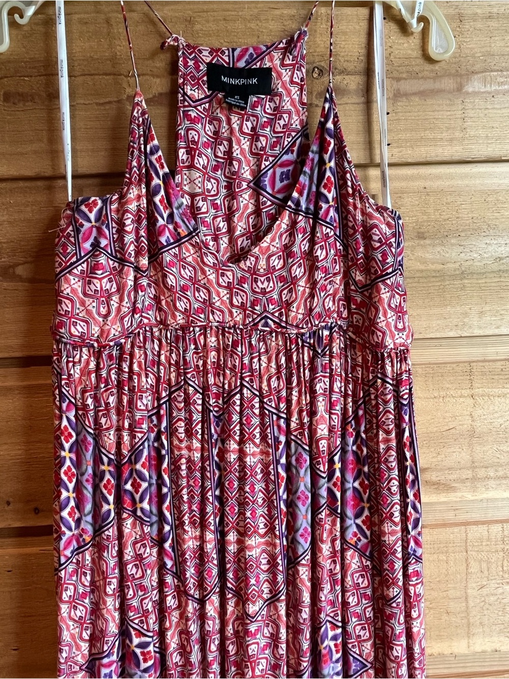 MINKPINK Red and Purple Geometric Printed Spaghetti-Strap Maxi Dress